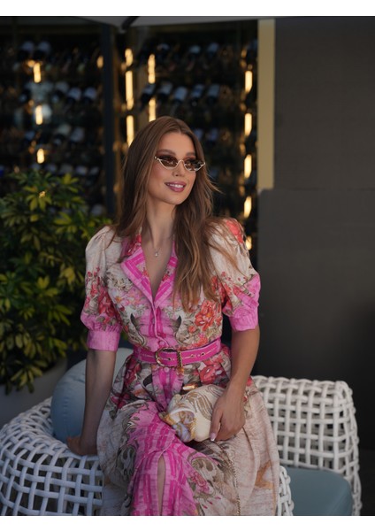 Pembe Çiçek Desen Karpuz Kol Uzun Elbise indirimleri