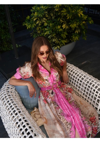 Pembe Çiçek Desen Karpuz Kol Uzun Elbise