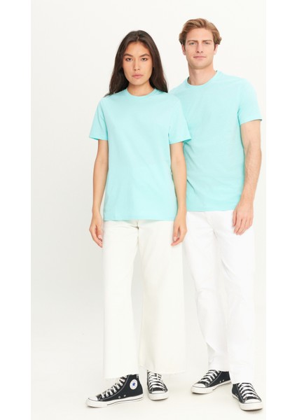 Erkek Turkuaz %100 Pamuk Slim Fit Dar Kesim Bisiklet Yaka Tişört