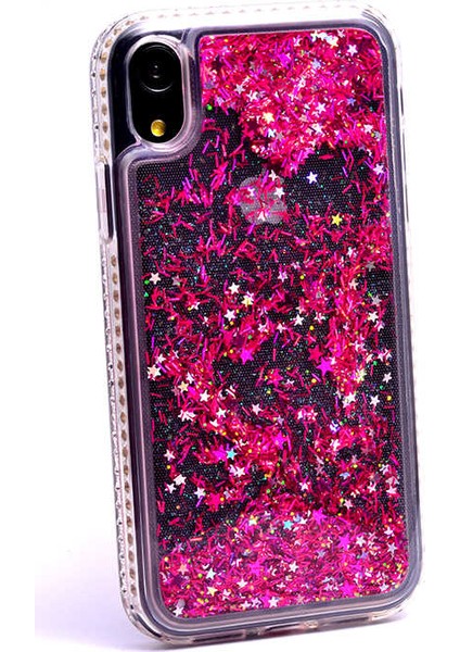 Iphone Xr Uyumlu Yanları Taşlı Sulu Simli Lüx Silikon Kılıf - Pembe