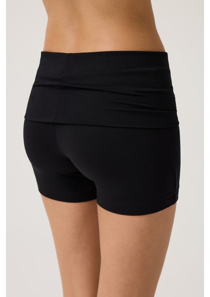 Siyah Katlanabilir Bel Detaylı Şort Lounge Shorts