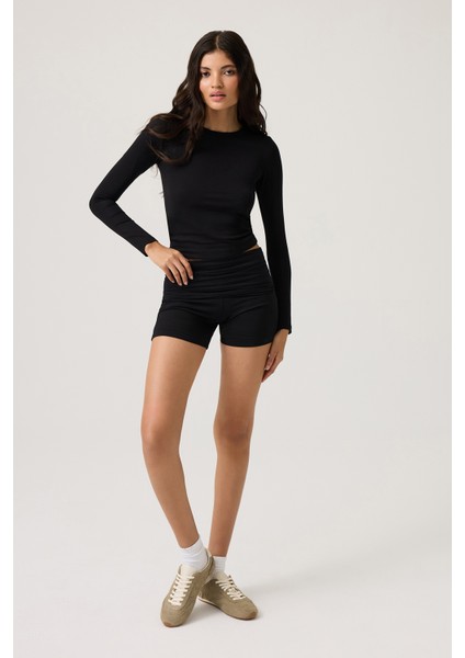 Siyah Katlanabilir Bel Detaylı Şort Lounge Shorts