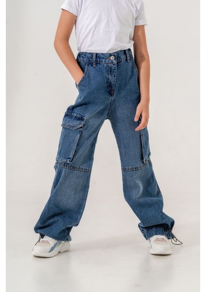 Kız Çocuk Paçası Büzgülü Kargo Cepli Kot Pantolon