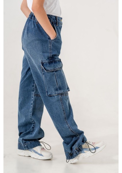 Kız Çocuk Paçası Büzgülü Kargo Cepli Kot Pantolon fiyatları