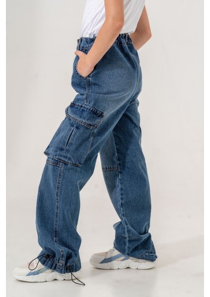 Kız Çocuk Paçası Büzgülü Kargo Cepli Kot Pantolon modelleri