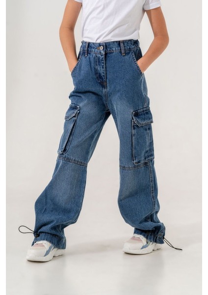 Kız Çocuk Paçası Büzgülü Kargo Cepli Kot Pantolon fırsatları