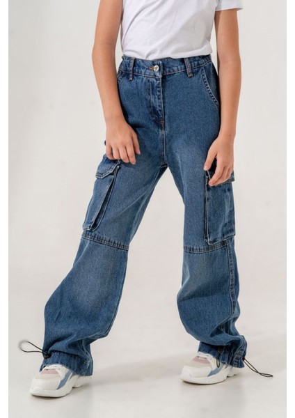 Kız Çocuk Paçası Büzgülü Kargo Cepli Kot Pantolon indirimleri
