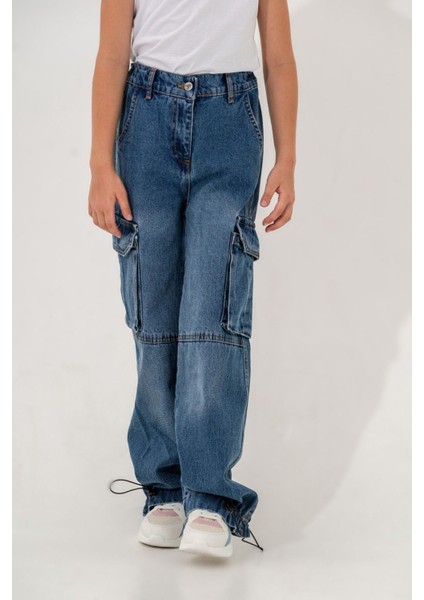 Kız Çocuk Paçası Büzgülü Kargo Cepli Kot Pantolon