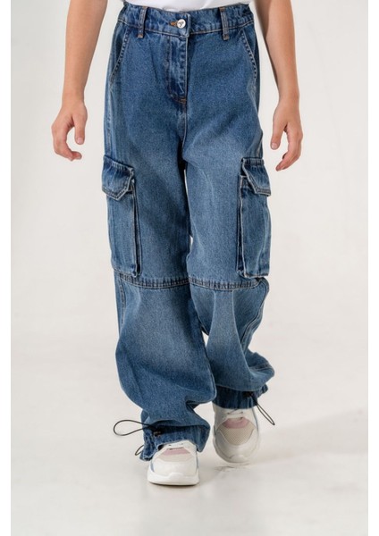 Kız Çocuk Paçası Büzgülü Kargo Cepli Kot Pantolon