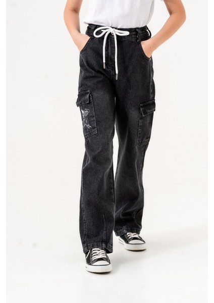 Kız Çocuk Cebi Nakışlı Beli Bağcıklı Kot Pantolon