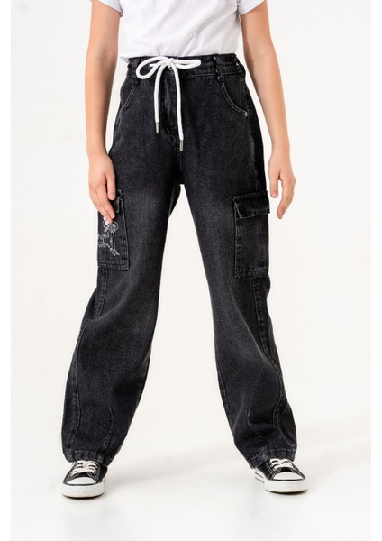 Kız Çocuk Cebi Nakışlı Beli Bağcıklı Kot Pantolon fiyatları