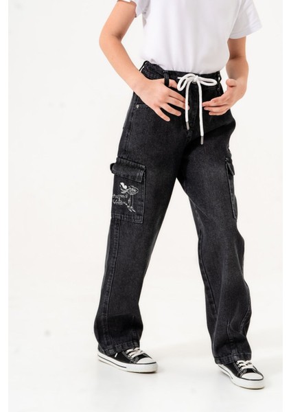 Kız Çocuk Cebi Nakışlı Beli Bağcıklı Kot Pantolon modelleri