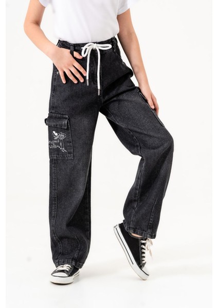 Kız Çocuk Cebi Nakışlı Beli Bağcıklı Kot Pantolon indirimleri