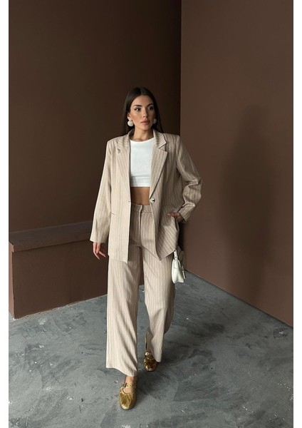 Bej Çizgili Ceket ve Pantolon Takım