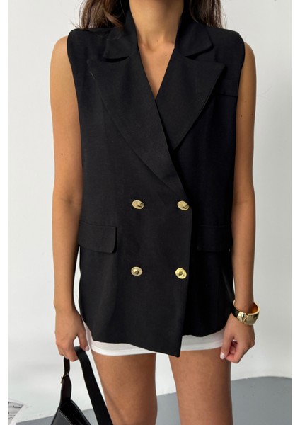 Gold Düğmeli Keten Yelek - Siyah modelleri