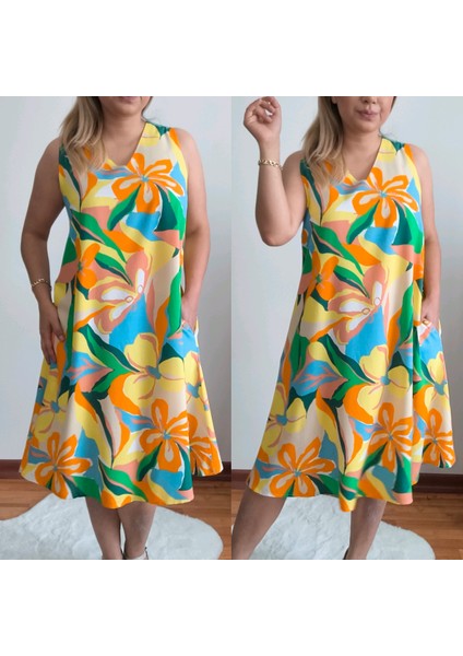 V Yaka Renkli Çiçek Desenli Sıfır Kol Maksi Elbise