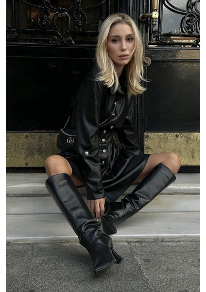 Siyah Piliseli Deri Elbise fiyatları