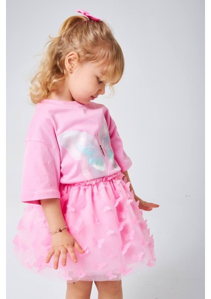 Kız Çocuk Kelebek Detaylı Etekli Takım
