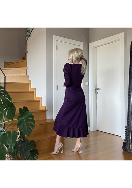 Krep Kumaş Midi Boy Kuşaklı Uzunkol Elbise modelleri