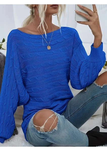 Kadın Uzun Kollu Yakası Açık Saç Örgü Desenli Triko Bluz modelleri
