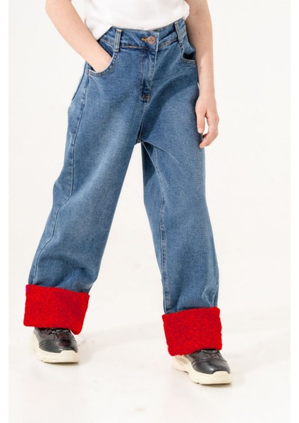 Kız Çocuk Paçası Peluşlu Kot Pantolon