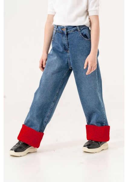 Kız Çocuk Paçası Peluşlu Kot Pantolon fiyatları