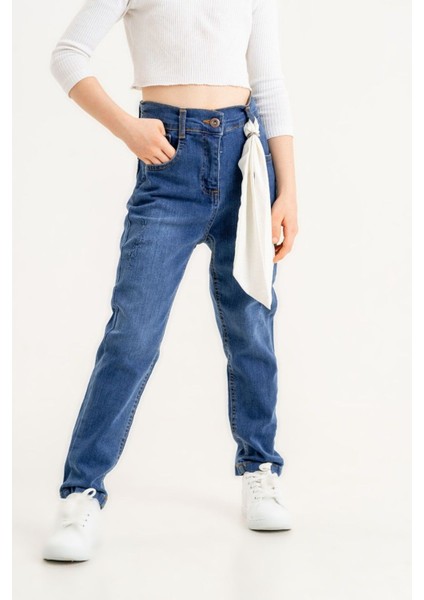 Kız Çocuk Kravat Aksesuarlı Kot Pantolon