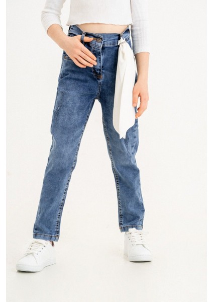 Kız Çocuk Kravat Aksesuarlı Kot Pantolon