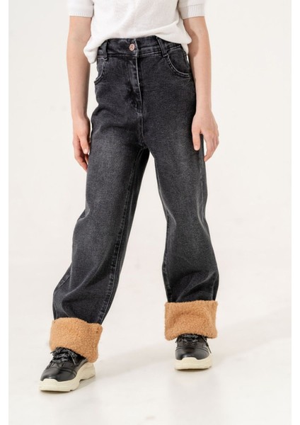 Kız Çocuk Paçası Peluşlu Kot Pantolon