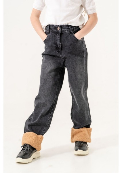 Kız Çocuk Paçası Peluşlu Kot Pantolon modelleri