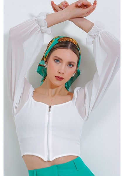 Beyaz Şifon Önü Fermuarlı Bluz 0496 fiyatları