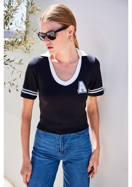 4320 Polo Yaka Basic Triko Bluz - Siyah fırsatları