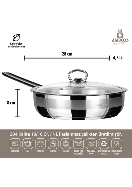 Ambos Saphire Paslanmaz Çelik Cam Kapaklı Tava 28x8 cm