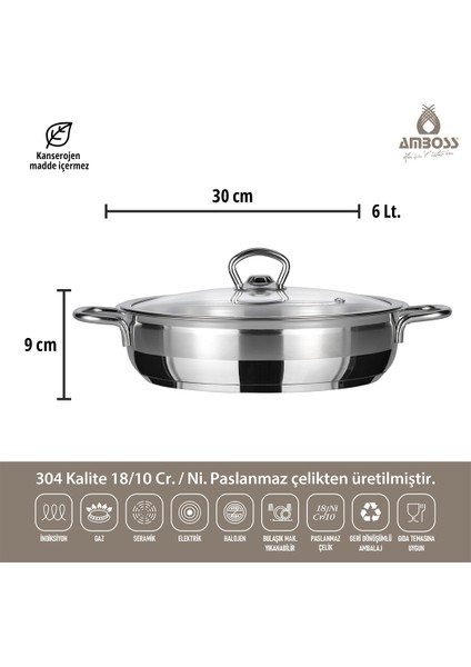 Ambos Saphire Paslanmaz Çelik Cam Kapaklı Basık Tencere 30x6 cm