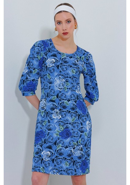 Saks Gül Desenli Midi Elbise 2477