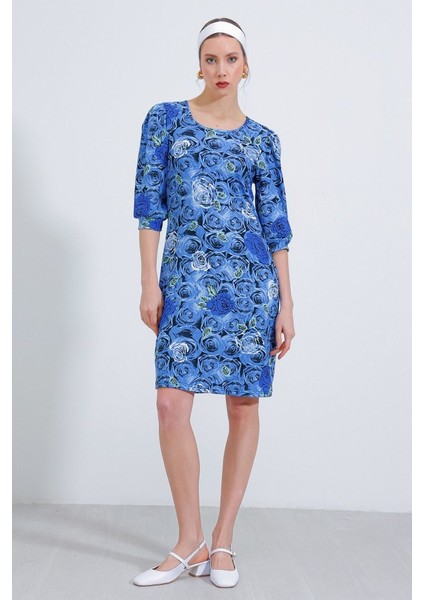 Saks Gül Desenli Midi Elbise 2477
