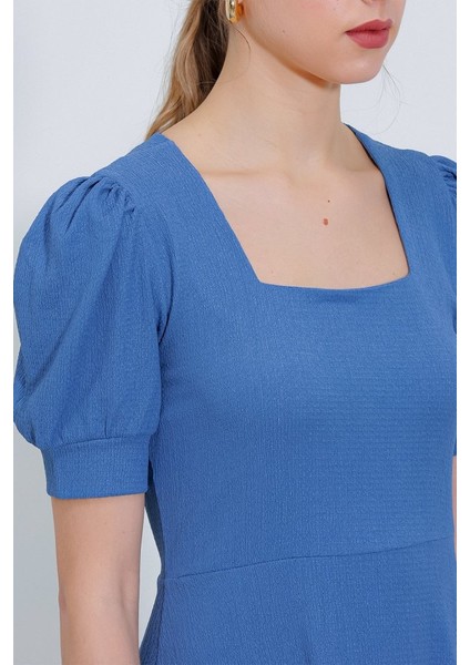 Indigo Kare Yaka Örme Mini Elbise