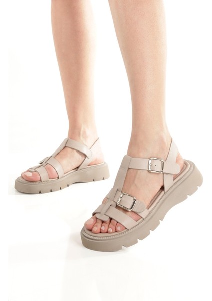 Loriza Taş Rengi Hakiki Deri Sandalet Kalın Taban Kadın Ayakkabı