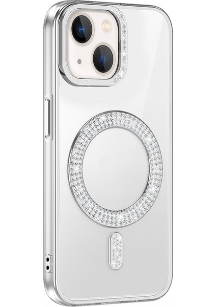 iPhone Uyumlu 13 Kılıf Pırlanta Taş Tasarımlı M-Safe Şarj Özellikli Zore Karetta Silikon Kapak-Gümüş