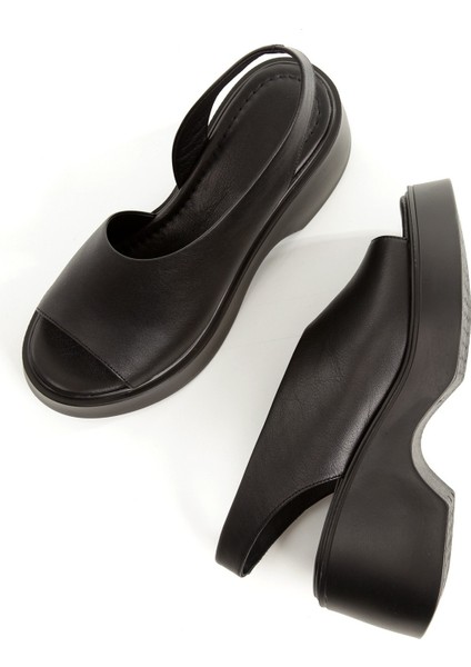 Suma Siyah Hakiki Deri Sandalet Asimetrik Dolgu Topuklu Kadın Ayakkabı modelleri