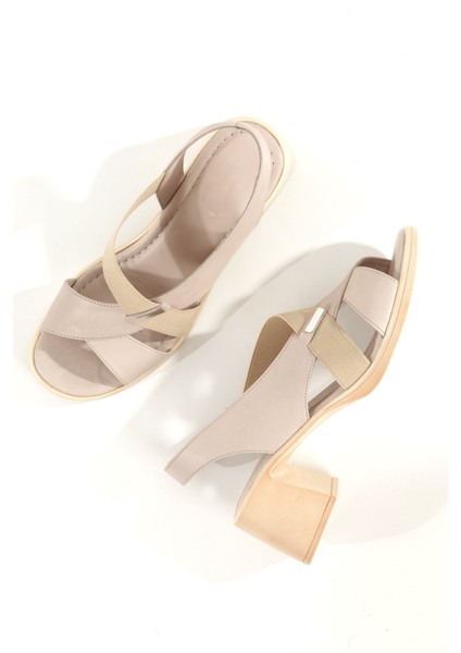 Madleen Krem Bej Renk Yumuşak Hakiki Deri Kadın Sandalet Kalın Topuklu Ayakkabı fiyatları