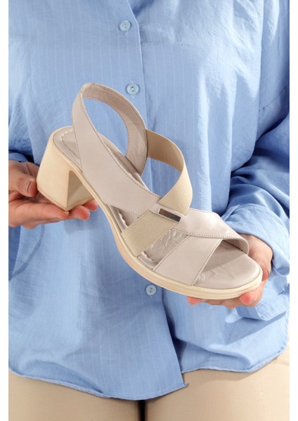 Madleen Krem Bej Renk Yumuşak Hakiki Deri Kadın Sandalet Kalın Topuklu Ayakkabı modelleri