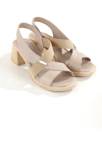 Madleen Krem Bej Renk Yumuşak Hakiki Deri Kadın Sandalet Kalın Topuklu Ayakkabı fırsatları