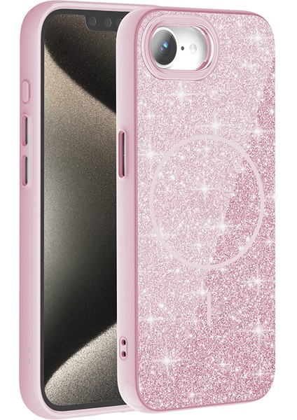 iPhone Uyumlu 16E Kılıf M-Safe Şarj Özellikli Parlayan Simli Zore Okso Kapak-Pembe