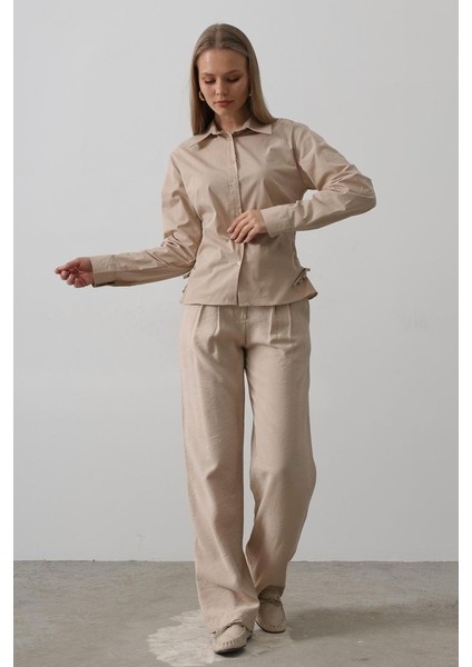 Yanları Büzgülü Çizgili Gömlek - Camel