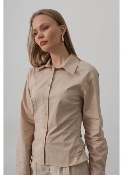 Yanları Büzgülü Çizgili Gömlek - Camel fiyatları