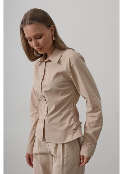 Yanları Büzgülü Çizgili Gömlek - Camel modelleri