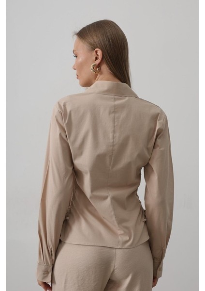 Yanları Büzgülü Çizgili Gömlek - Camel fırsatları