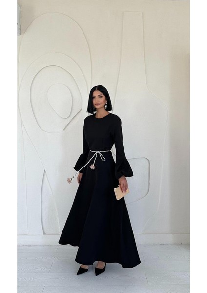Siyah Balon Kollu Kuşaklı Elbise fiyatları