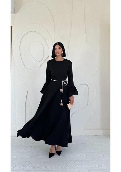Siyah Balon Kollu Kuşaklı Elbise modelleri